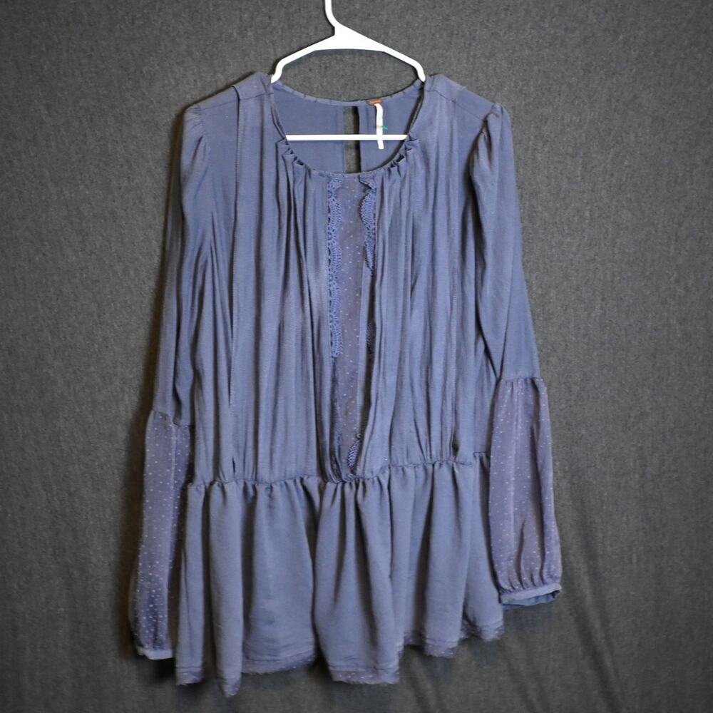Free People Women's S Soul Serene Blouse Top Sheer Sleeves Flowy Artsy Navy Blue